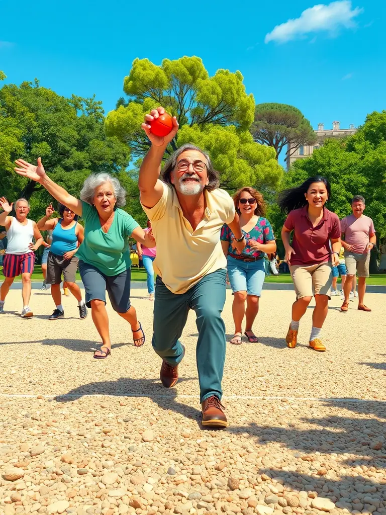 A photograph capturing a lively pétanque game in progress, showcasing players of different ages and backgrounds participating in a local tournament organized by LPP.