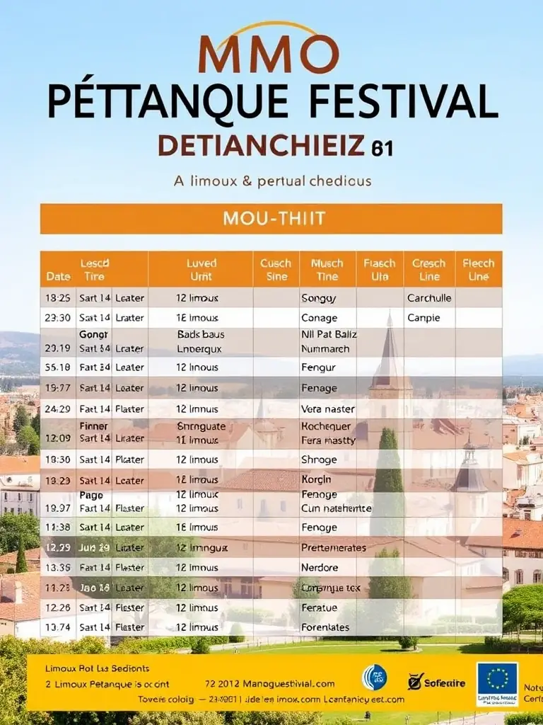 A detailed schedule poster for the upcoming Limoux Pétanque Festival, clearly displaying the dates, times, and locations of various matches and related activities, set against a backdrop of the town's scenic views.