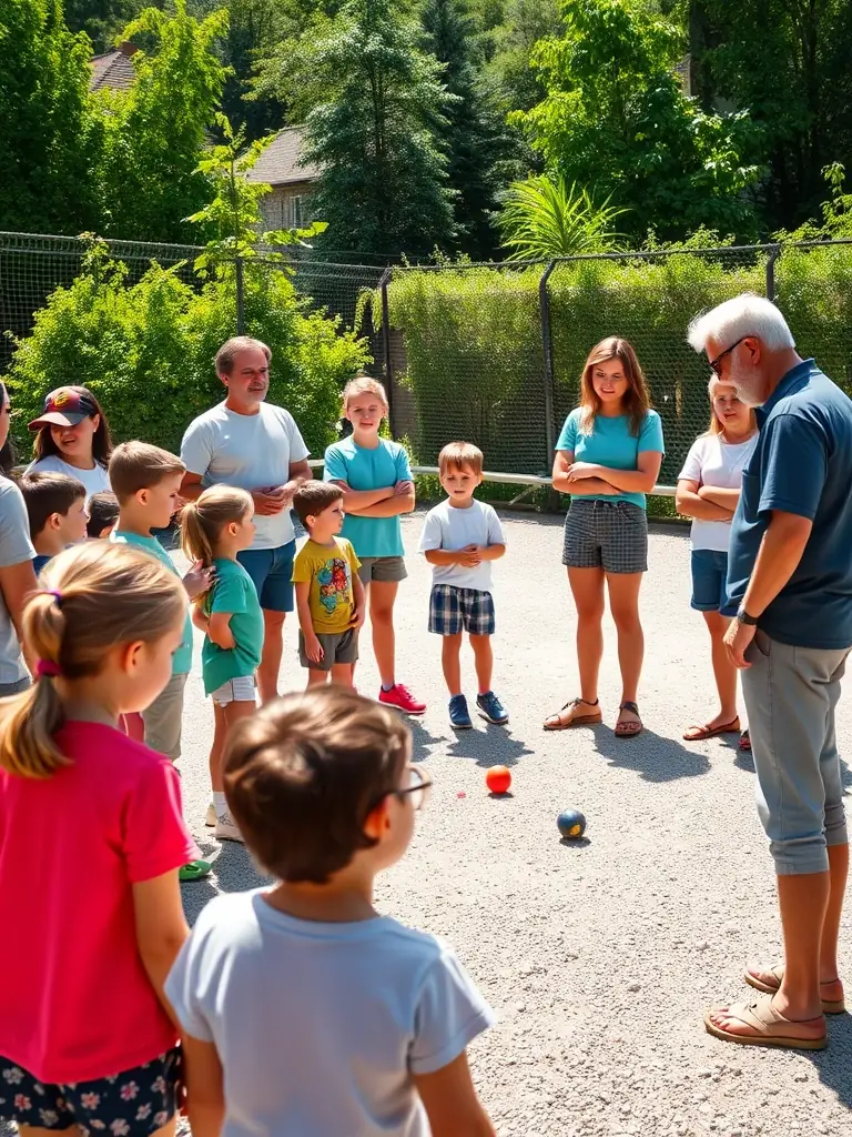 An image of children and adults participating in a pétanque workshop, learning the basics of the game from experienced instructors at an LPP event.