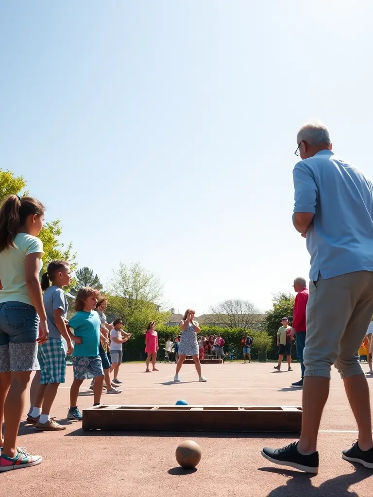 A vibrant photo capturing a lively pétanque game in progress at the Limoux festival, showcasing players of different ages and backgrounds engaged in friendly competition, with spectators cheering in the background.