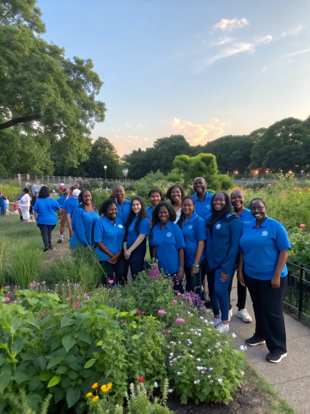 A group photo of volunteers and organizers of the Limoux Pétanque Promotion, smiling and wearing branded t-shirts, standing in front of a pétanque court, symbolizing community involvement and dedication.