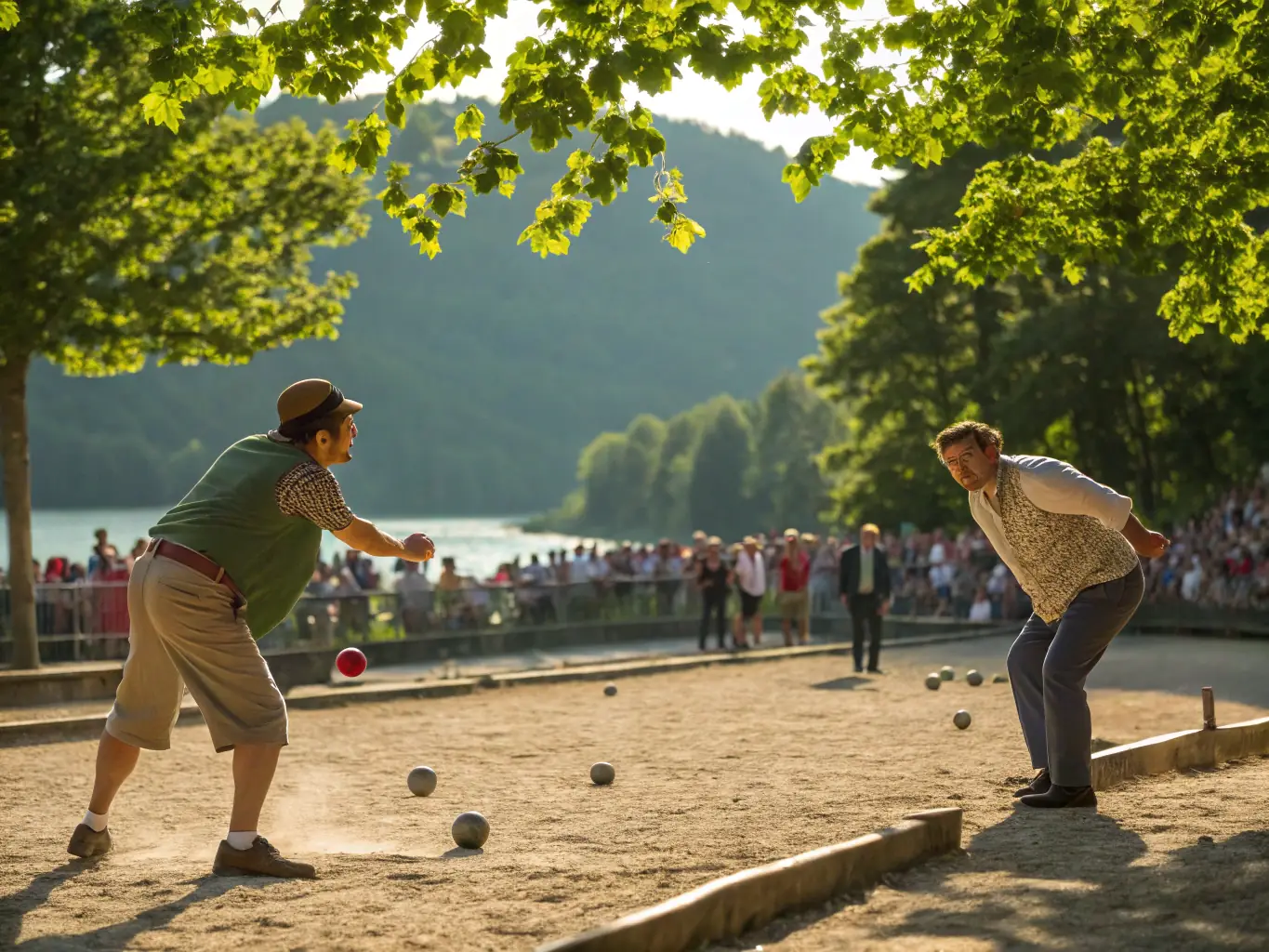 A dynamic shot capturing the excitement of the Limoux Pétanque Festival, with players in action and a lively crowd in the background, showcasing the vibrant atmosphere of the event.