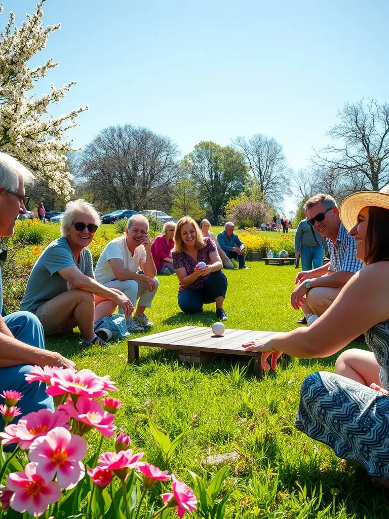 A picture of a group of people enjoying a recreational pétanque game in a park, emphasizing the social and leisurely aspect of the activity promoted by LPP.