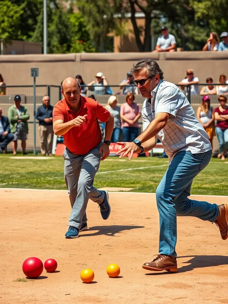 A panoramic view of a pétanque tournament, highlighting the variety of playing styles and strategies, with close-ups of players carefully aiming and throwing their boules, set against the backdrop of the Limoux landscape.