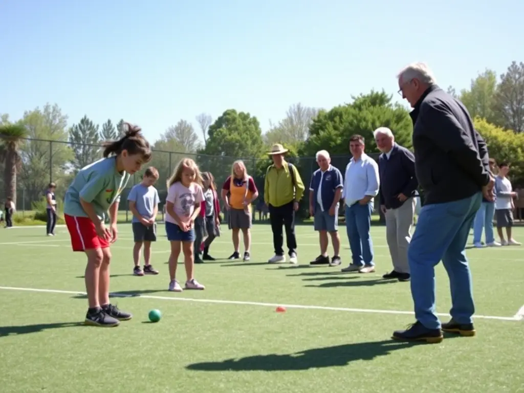 A photograph of a local community pétanque event in Limoux, featuring players of all ages enjoying a friendly match in a park setting.